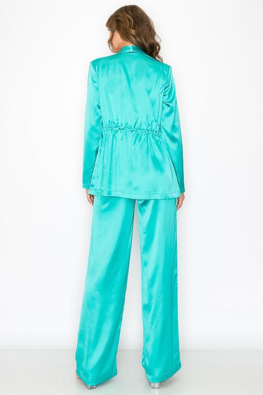 2pc set- satin drawstring blazer & wide leg pants