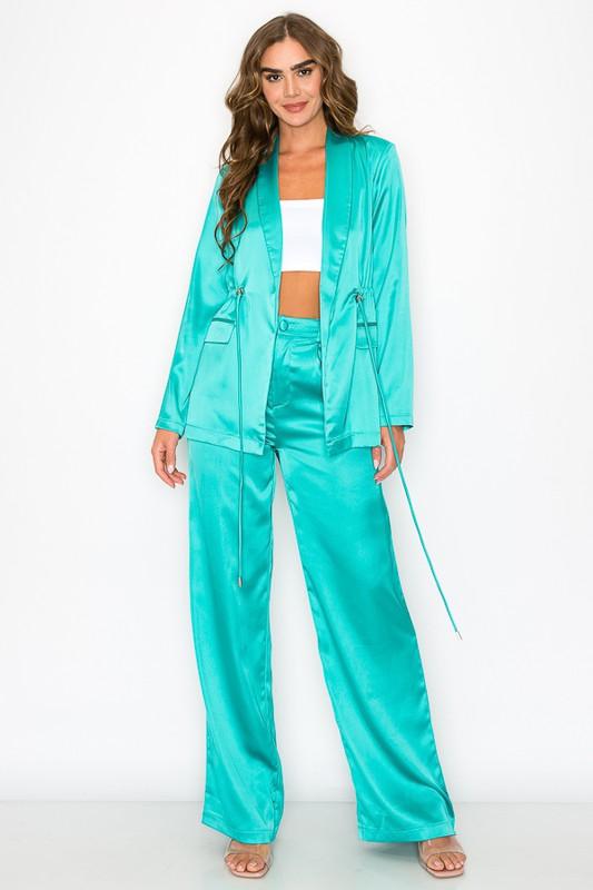 2pc set- satin drawstring blazer & wide leg pants