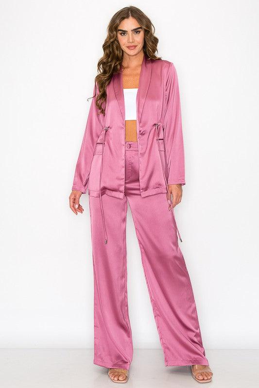 2pc set- satin drawstring blazer & wide leg pants