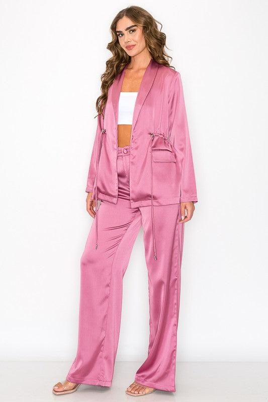 2pc set- satin drawstring blazer & wide leg pants