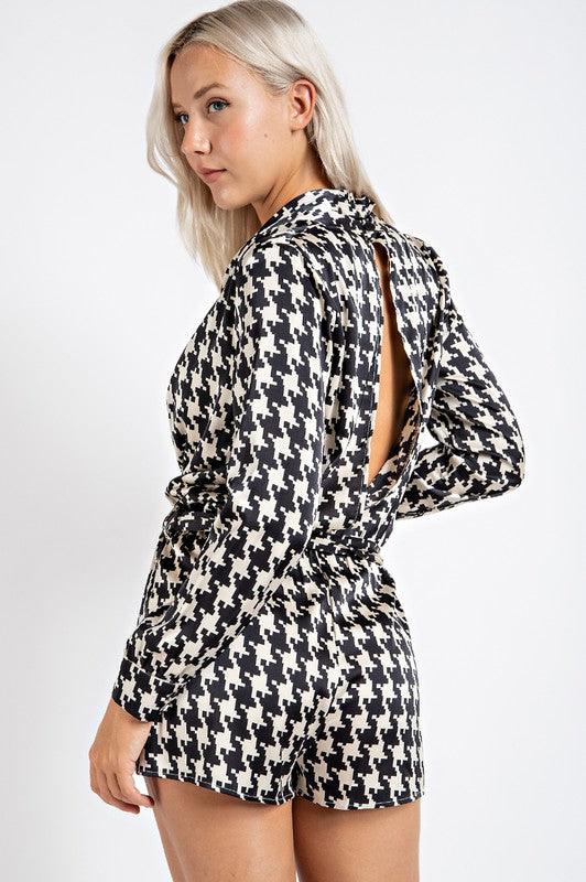 long sleeve satin houndstooth romper