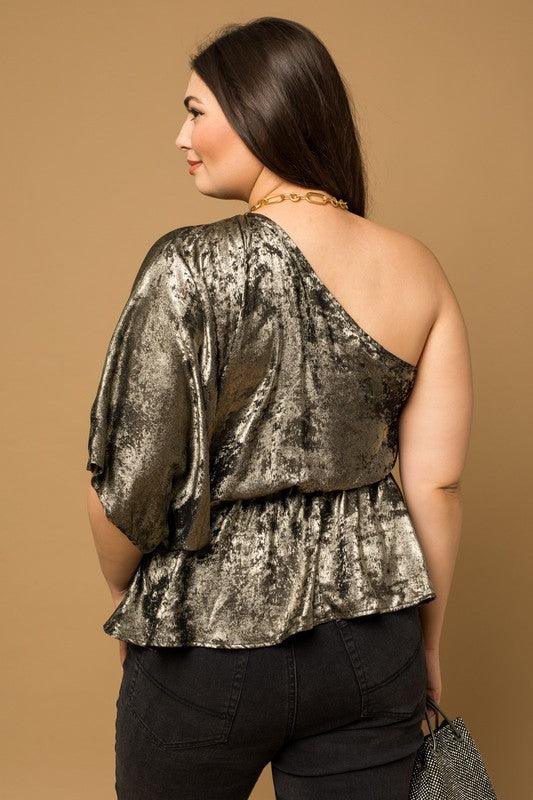 PLUS metallic one shoulder peplum top