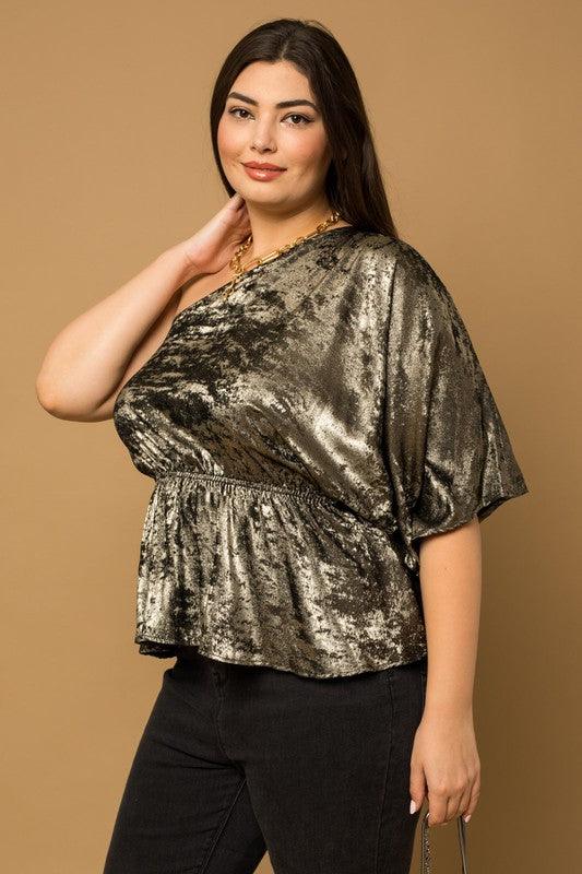 PLUS metallic one shoulder peplum top