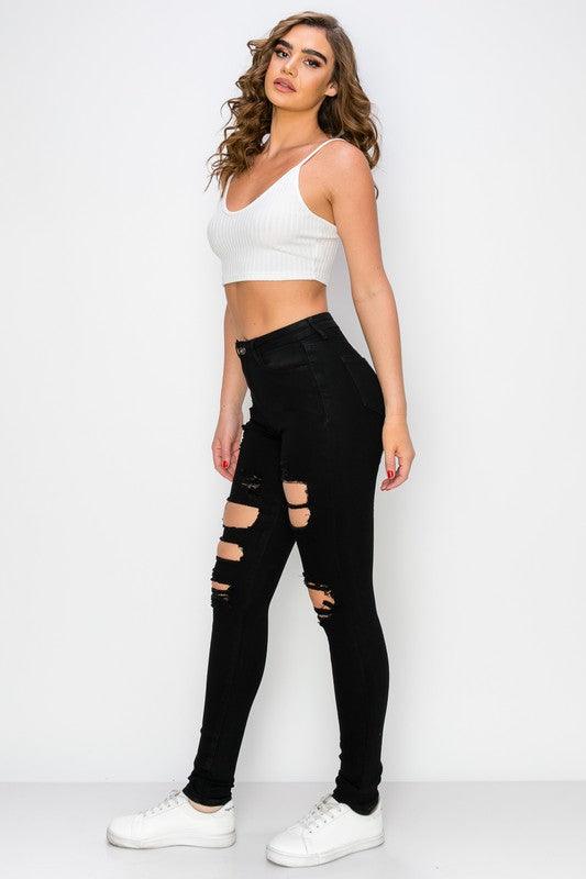 high waist stretch destroyed skinny jeans