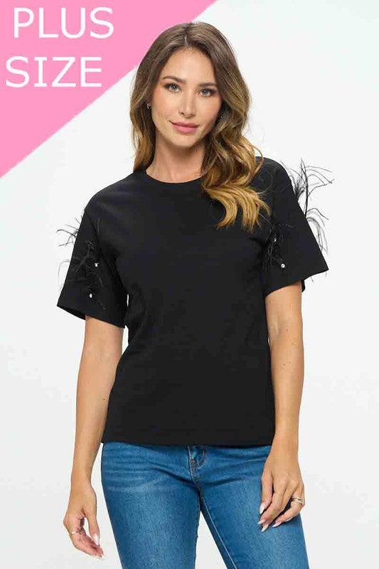 PLUS feather & rhinestone embellished sleeve t-shirt