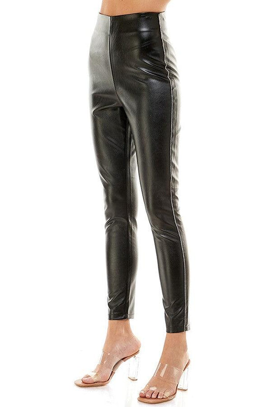 rhinestone side stripe faux leather skinny pants