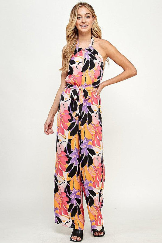 sleeveless floral printed halter jumpsuit