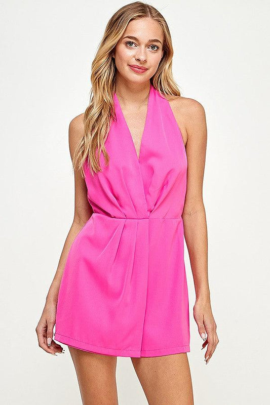 open back surplice halter neck romper