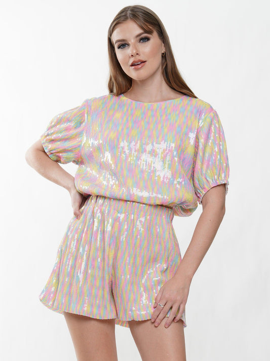 rainbow sequin short sleeve top