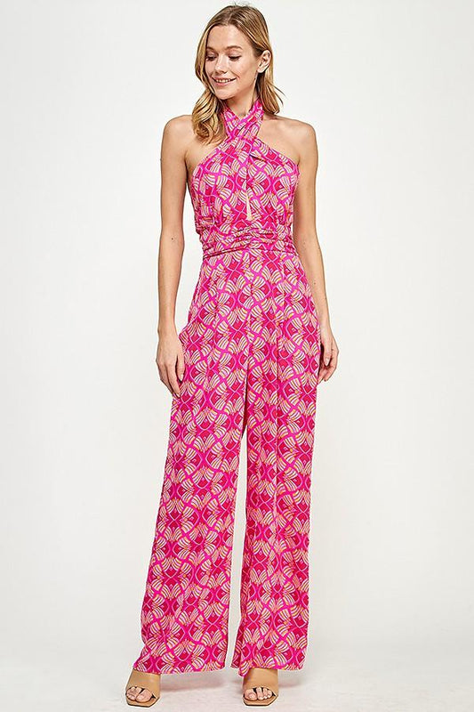 groovy printed tie back halter jumpsuit