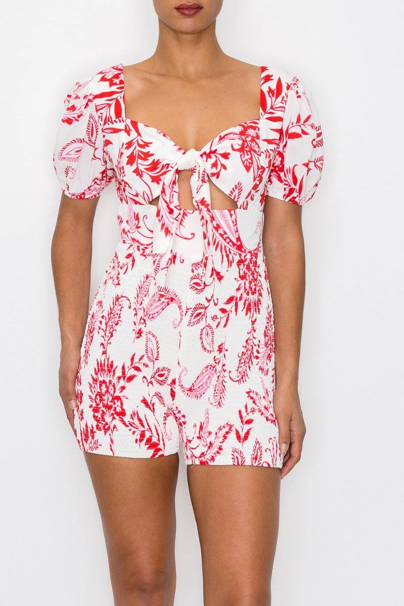 leafy vine print cutout tie front smocked romper