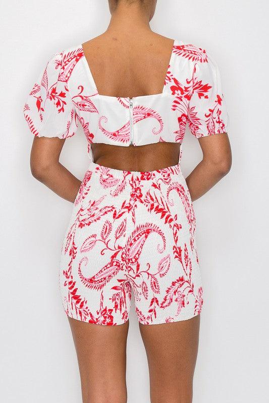 leafy vine print cutout tie front smocked romper