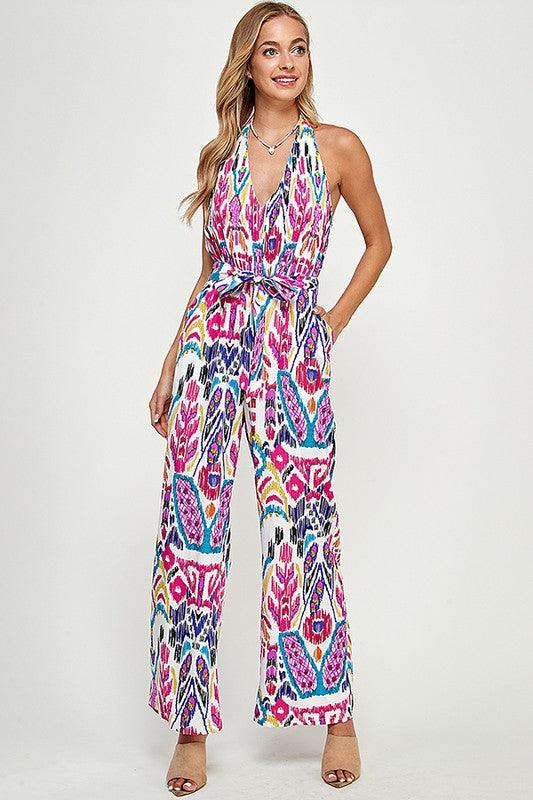 tribal print v-neck halter jumpsuit