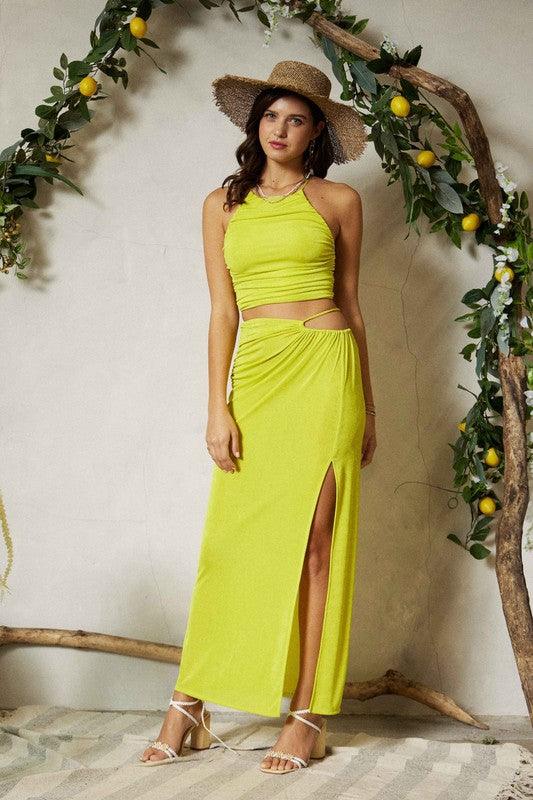 slinky cutout waist slit maxi skirt