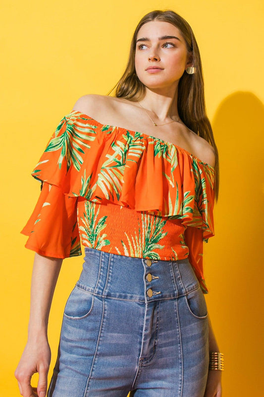 palm short sleeve off the shoulder smocked top