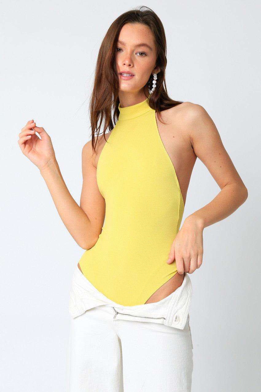 mock neck open back bodysuit