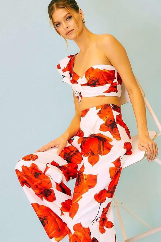 Rose print high waist wide leg pants