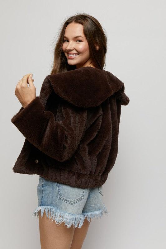 faux fur elastic waist jacket w/ hood