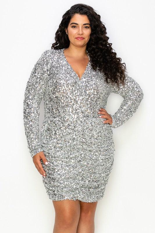 PLUS long sleeve V-neck sequin dress