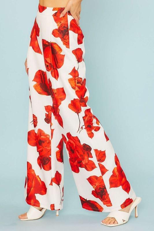 Rose print high waist wide leg pants