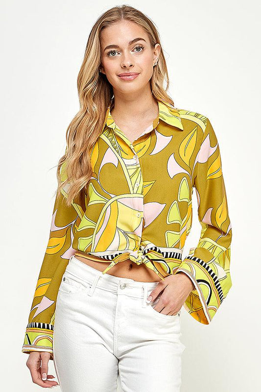 pucci print long bell sleeve crop button down top