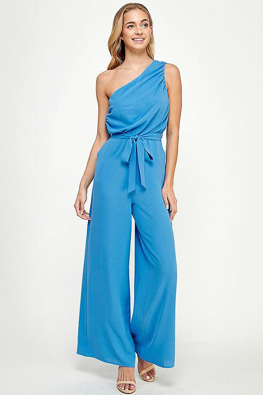 ruched one shoulder jumpsuit w/waist tie