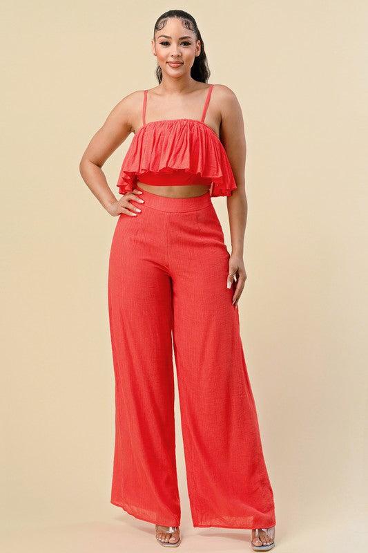 Flowy crop top and wide leg pant set