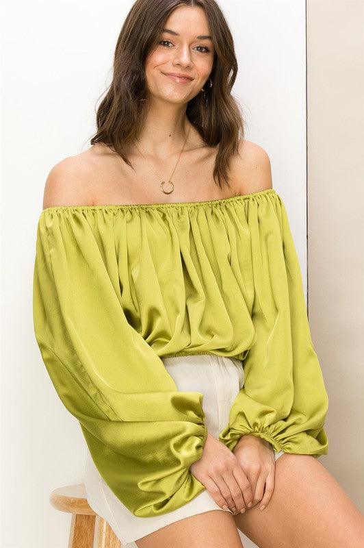 satin off the shoulder balloon sleeve top