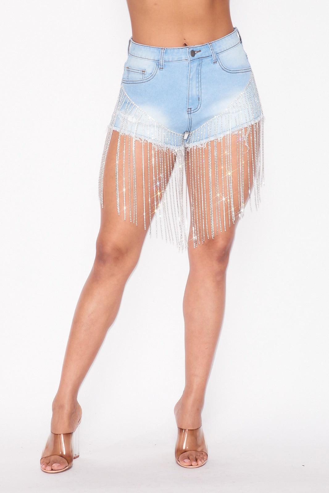 Rhinestone fringe high waist jean shorts