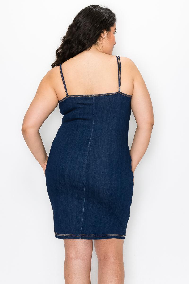 PLUS sleeveless V-Bar denim bodycon dress