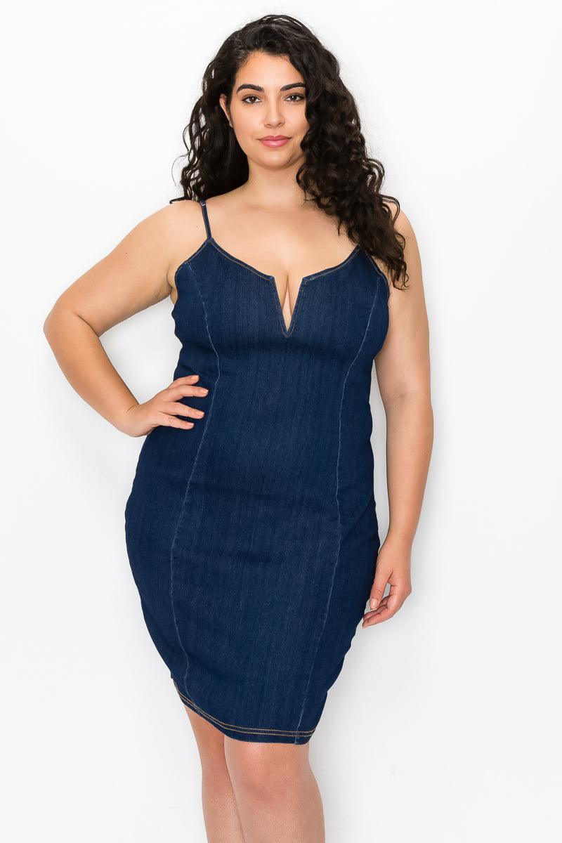 PLUS sleeveless V-Bar denim bodycon dress