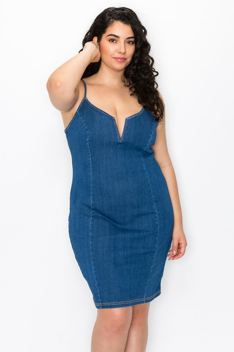 PLUS sleeveless V-Bar denim bodycon dress