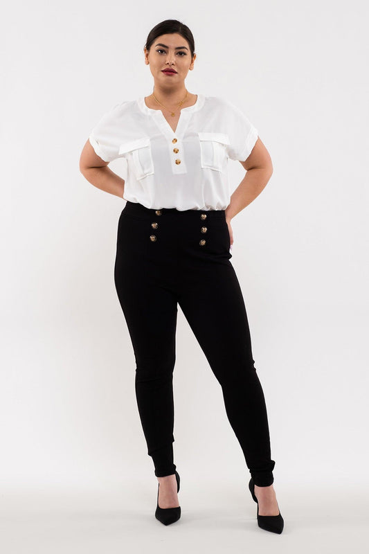 PLUS elastic waist ponte pant w/button detail