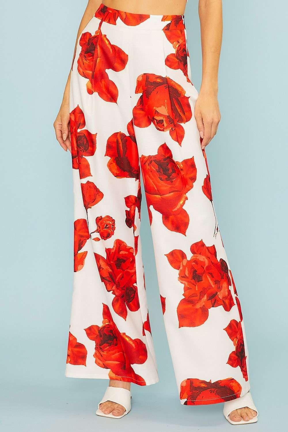 Rose print high waist wide leg pants