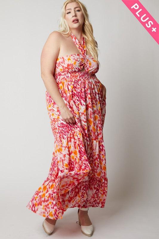 PLUS printed smocked ruffle maxi dress