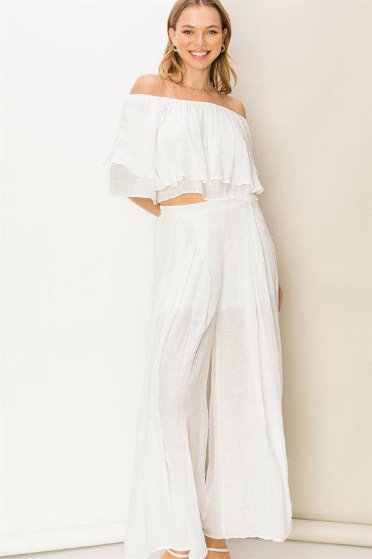 ruffled off the shoulder crop top pants set