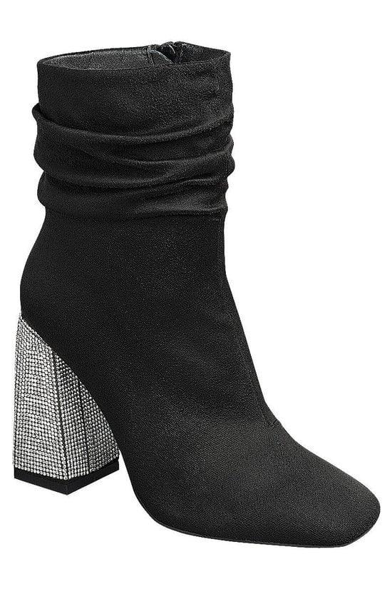 rhinestone chunky heel suede bootie