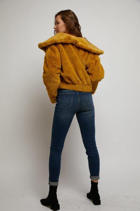 faux fur elastic waist jacket w/ hood