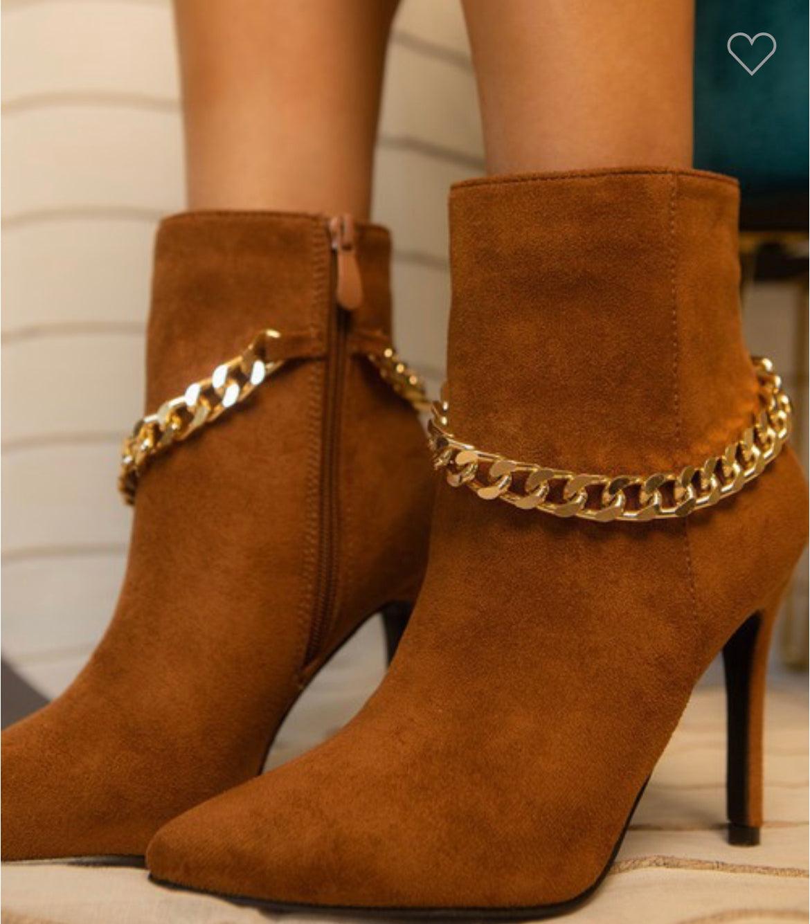 suede stiletto booties with chain