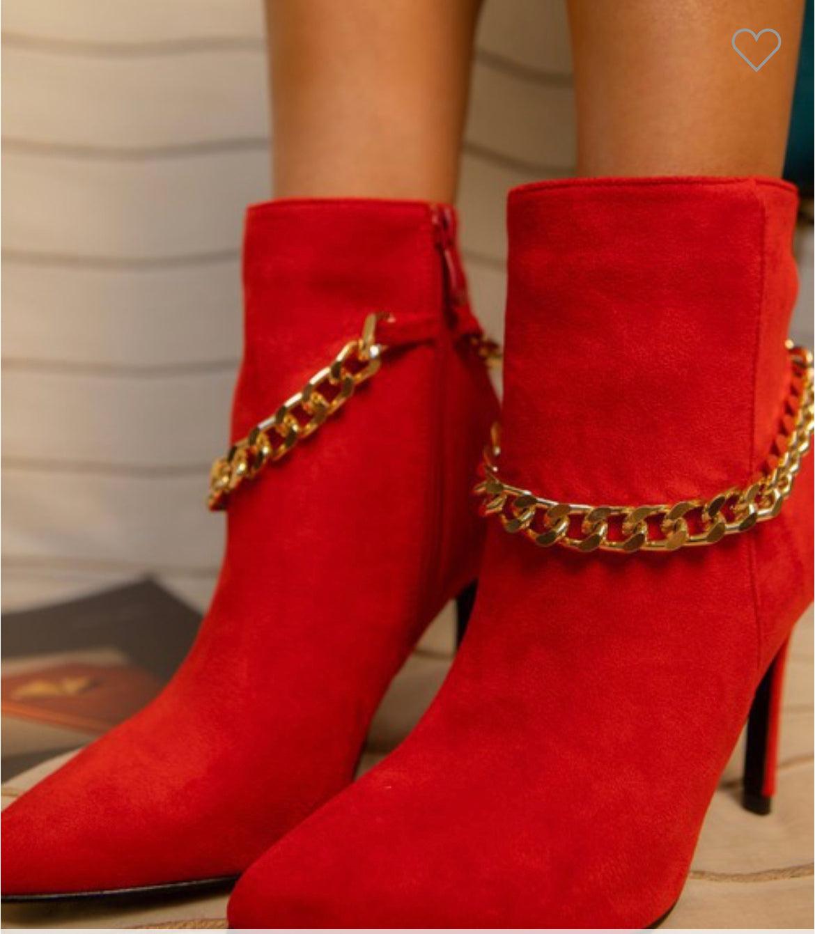 suede stiletto booties with chain