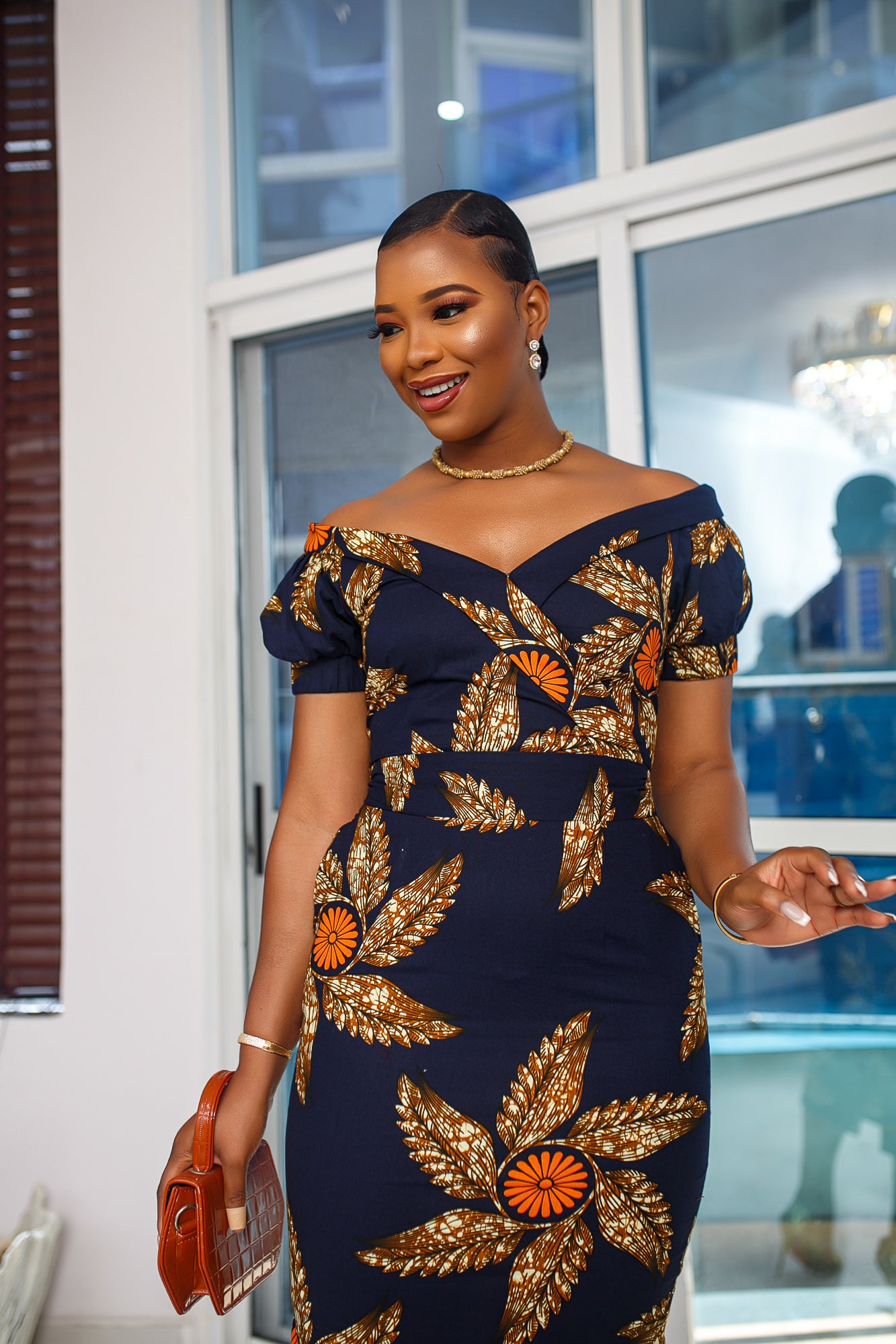 IDIA AFRICAN PRINT OFF SHOULDER MIDI DRESS [NAVY BLUE] - MAE OTTI product image