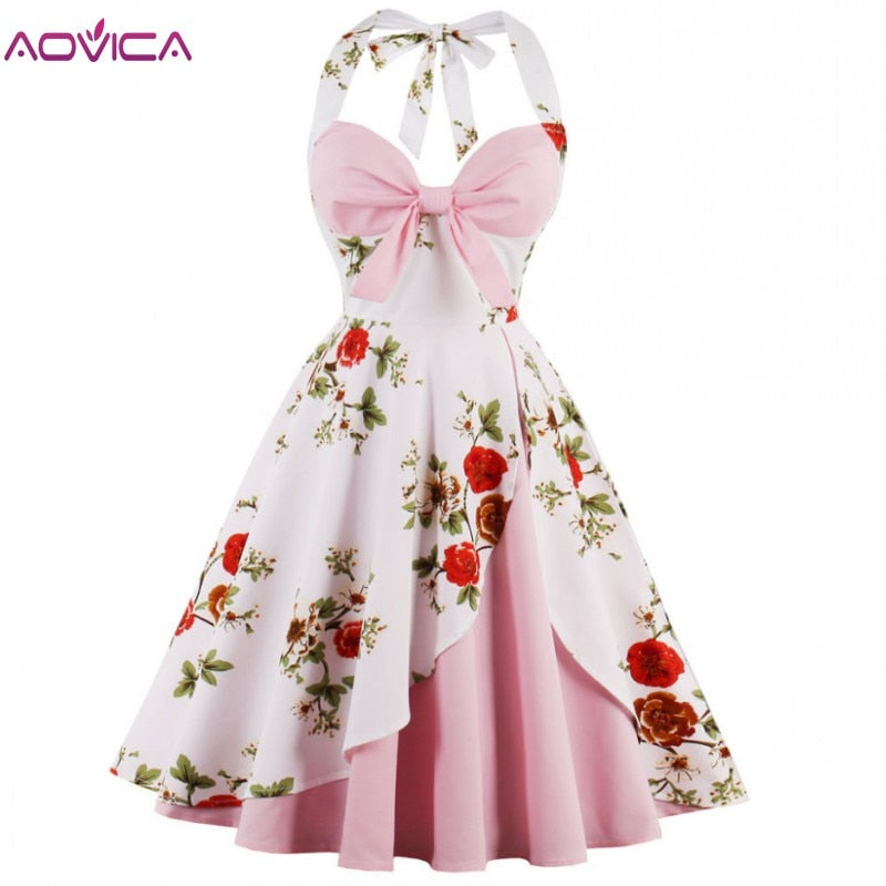 Aovica Women 50s Vintage Dress Plus Size Floral Print Pin Up