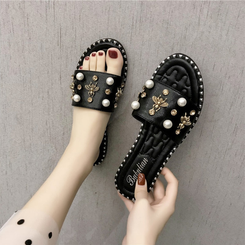 Womens Ladies Flat Slides Sandals Diamante Pearl Sliders