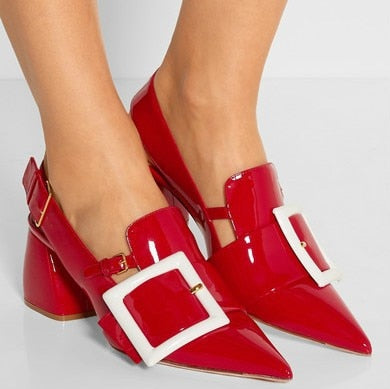 red patent leather slingback pumps