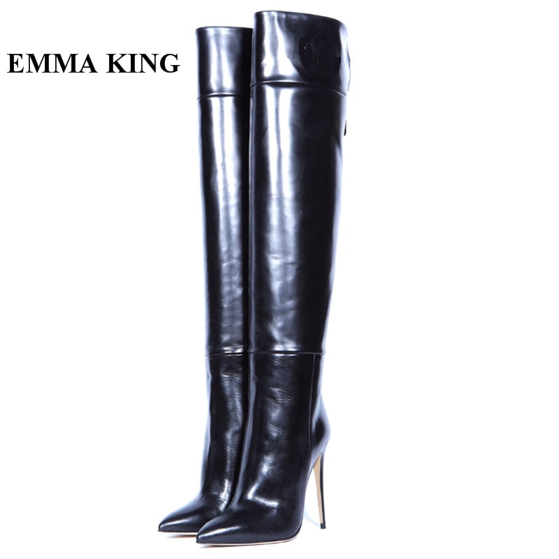 black leather thigh high heel boots