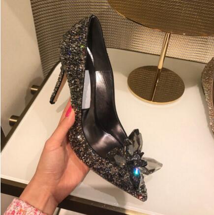 Cinderella crystal shoes woman's high heels female single shoe rhinestone slip-on Wedding party dress shoes pointed toe stiletto