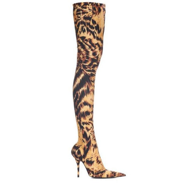 money print thigh high boots