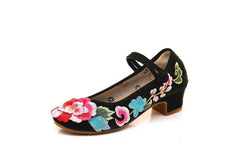 Veowalk 3D Floral Embroidered Women Flannel Cotton Block Heel Mary Jane Shoes Chinese Style Ladies Low Heel Cheongsam Pumps