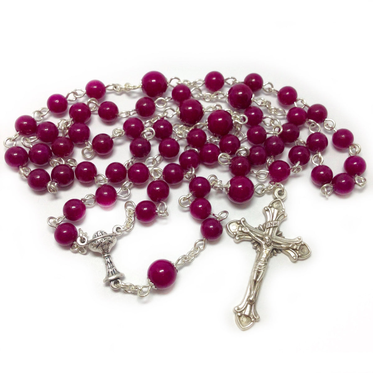 Holy Communion Rosary with fuchsia beads – Marian Graces