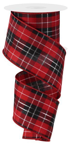 Red/Black Plaid Ribbon with Wired Edge & Silver Accents, 10